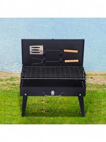 戶外折疊烤架帶燒烤工具盒,地上攤位烤架磨砂黑 - 深灰色 - 查看 1