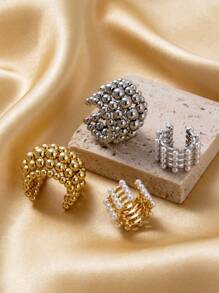 1副簡約時尚多功能歐美風格金屬珠子和仿珍珠細節c形別緻耳夾 - 金黃色 - 查看 11