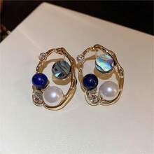 1 对 925 银 & 钻石 & 不对称珍珠 & 珍珠母耳坠，法式优雅女士耳环，节日和日常生活的礼物