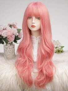 粉色长卷发合成假发带刘海女士耐热自然中分角色扮演派对万圣节婚礼假发 - 粉色 - 查看 3