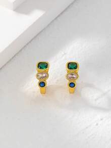 一對銅合金小巧迷你時尚精緻彩色鋯石鑲嵌女日常戴耳環 - 金色 - 查看 4