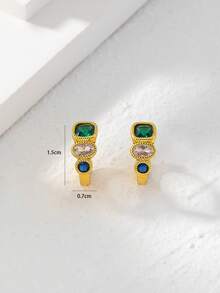一對銅合金小巧迷你時尚精緻彩色鋯石鑲嵌女日常戴耳環 - 金色 - 查看 5