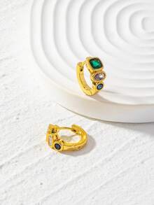 一對銅合金小巧迷你時尚精緻彩色鋯石鑲嵌女日常戴耳環 - 金色 - 查看 2