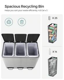 SONGMICS Trash Can, 3 X 4.8 Gallon (3 X 18 L) Garbage Can, 14.4 Gallon Recycle Bin With Soft-Close Lids, Pedals, And Inner Buckets For Kitchen, Stainless Steel, Silver And Black - 銀色 - 查看 5