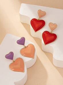 1對歐美時尚經典紅色和金色雙心形耳環,配有油滴設計,適合女性日常佩戴、禮物、珠寶