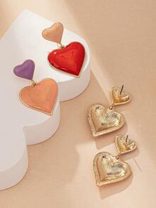 1對歐美時尚經典紅色和金色雙心形耳環,配有油滴設計,適合女性日常佩戴、禮物、珠寶