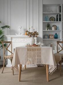 Bubaba 1pc Rectangular Tablecloth, Bohemian Farmhouse Style Handwoven Polyester With Beige Tassels, Home Decor Dining Mat For Table, Picnic, Party, Restaurant, Kitchen, Bedroom, All Seasons - Milky White - View 6