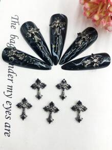 万圣节 10 件银色哥特式心形和十字架设计美甲装饰 DIY 指甲饰 指甲宝石 美甲用品 指甲 - 黑色 - 查看 6