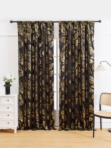 1 件輕奢羽毛圖案熱箔印花穿孔窗簾 - 黑色 - 查看 1