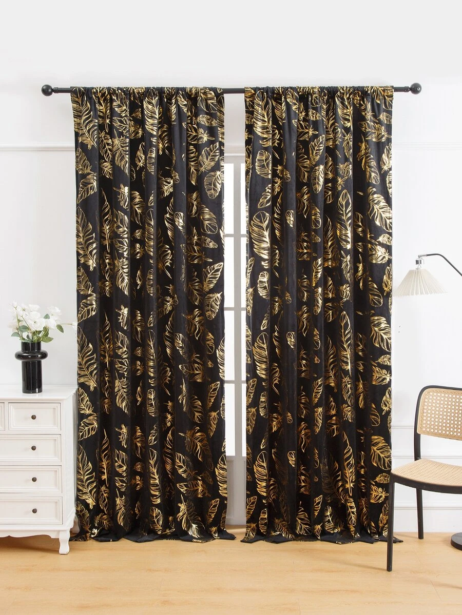 1 件輕奢羽毛圖案熱箔印花穿孔窗簾 - 黑色 - 查看 1
