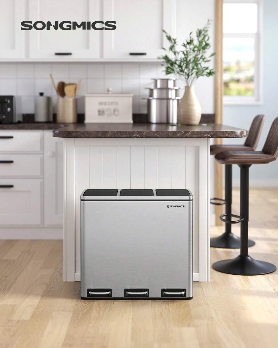 SONGMICS Trash Can, 3 X 4.8 Gallon (3 X 18 L) Garbage Can, 14.4 Gallon Recycle Bin With Soft-Close Lids, Pedals, And Inner Buckets For Kitchen, Stainless Steel, Silver And Black - 銀色 - 查看 1