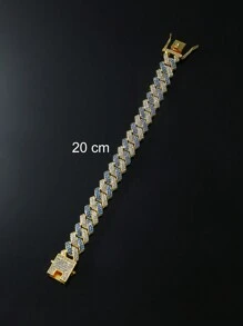 1pc Full Rhinestone Double Row Diamond-shaped Chain Necklace For Men, Hip Hop Style Daily Wear Chain Bracelet - Yellow Gold - View 8