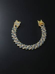 1pc Full Rhinestone Double Row Diamond-shaped Chain Necklace For Men, Hip Hop Style Daily Wear Chain Bracelet - Yellow Gold - View 5