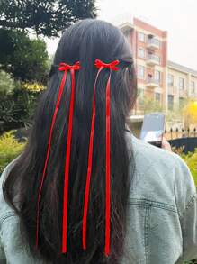 2入組女士純色芭蕾風格蝴蝶結鱷魚夾，配有緞帶，適合日常穿搭、拍照、購物、約會、派對和學校等各種場合 - 紅色 - 查看 1