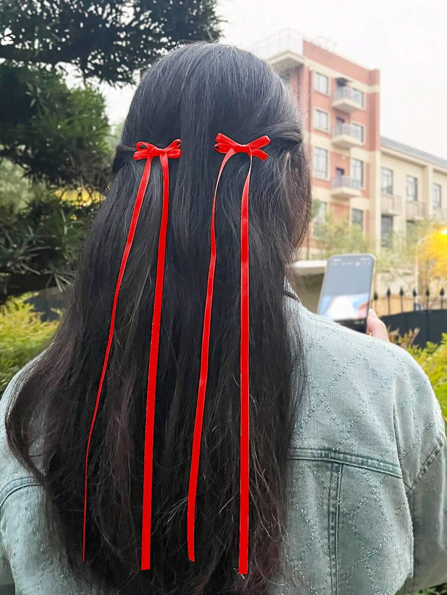 2入組女士純色芭蕾風格蝴蝶結鱷魚夾，配有緞帶，適合日常穿搭、拍照、購物、約會、派對和學校等各種場合 - 紅色 - 查看 1