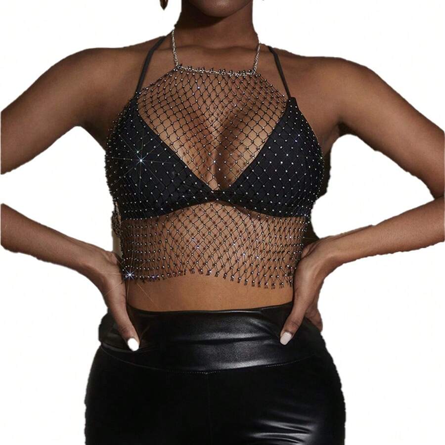 Crop Top De Malla Con Pedrería Blusa Transparente Ajustables - Negro - Ver 1