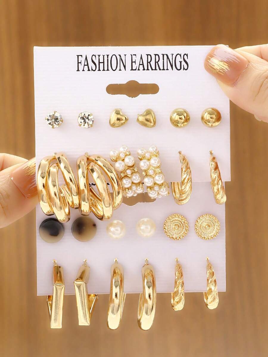 12 Pairs Fashionable Versatile Heart-Shaped Faux Pearl Decorated Earrings - Multicolor - View 1