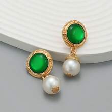 時尚復古風格短珍珠吊墜耳環,配有寶石,歷史悠久,奢華的耳飾配件 - 彩色 - 查看 5