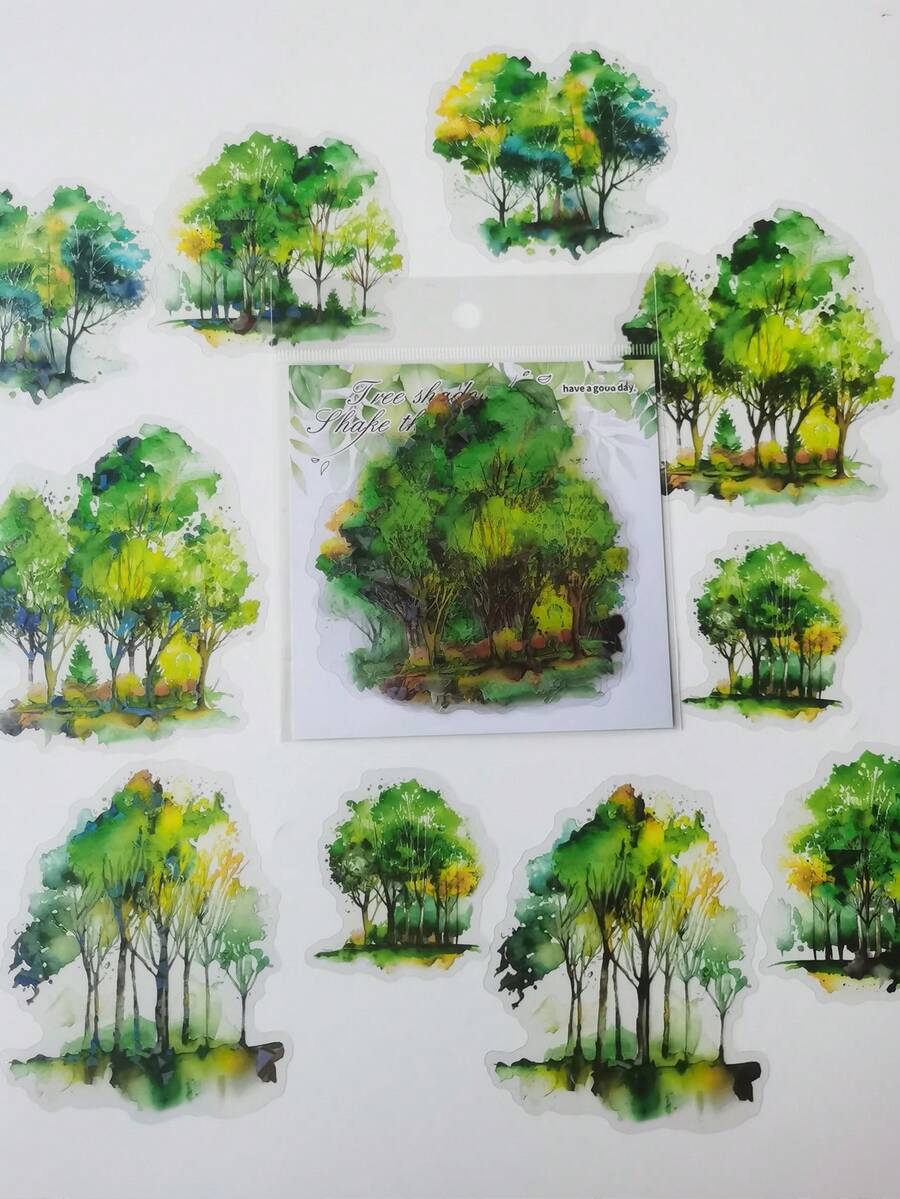 1pack/10pcs Tree Shadow & Sparkle Shell Pet Sticker For Diy Scrapbooking Journaling Decoration - Multicolor - View 1