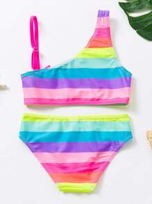 Young Girl Rainbow Striped Bow Front Bikini Set Summer Beach - Multicolor - View 2