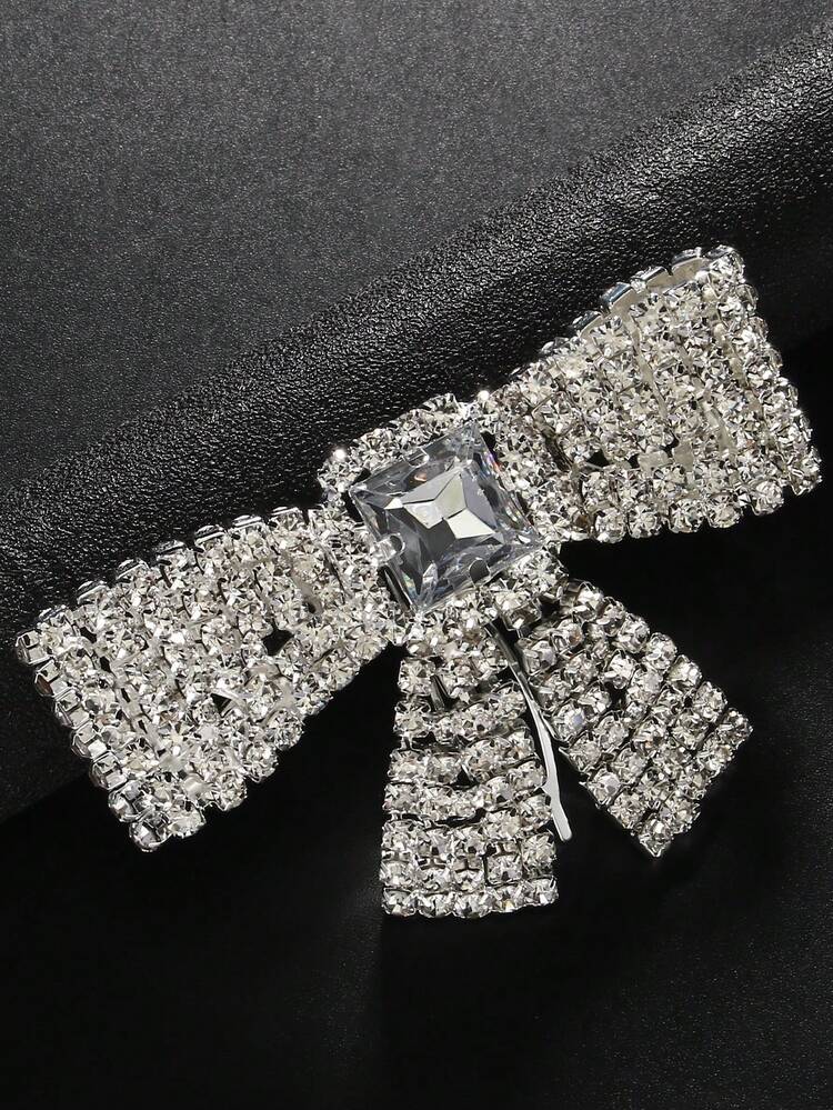 1 Pinza Para El Pelo Con Lazo Plateado, Accesorio Para El Cabello Cuadrado Con Detalle De Diamantes De Imitación Geométrico Y Completo Para Mujer - Plateado - Ver 2
