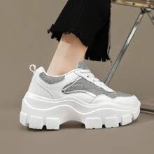 New British Style Casual Sport Shoes For Women, With Breathable Synthetic Mesh Fabric, Thick Sole, Lightweight, Personalized Design, Chunky Sneakers, Wedge Heel, Match All Styles - White - View 6