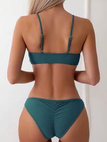 新款性感比基尼泳衣，女士夏季优雅两件式沙滩度假套装 - 墨綠色 - 查看 3