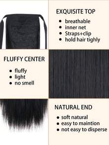 32吋自然黑色直翹馬尾束帶合成纖維耐熱直翹馬尾捆綁假夾式髮塊,適用於女士女孩 - 黑色 - 查看 2