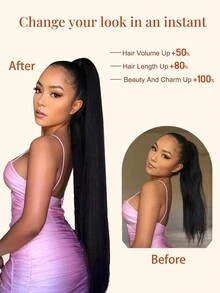 32吋自然黑色直翹馬尾束帶合成纖維耐熱直翹馬尾捆綁假夾式髮塊,適用於女士女孩 - 黑色 - 查看 5