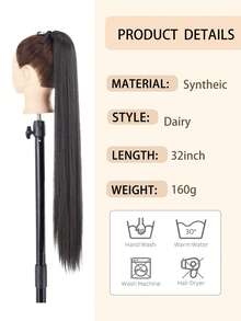 32吋自然黑色直翹馬尾束帶合成纖維耐熱直翹馬尾捆綁假夾式髮塊,適用於女士女孩 - 黑色 - 查看 3