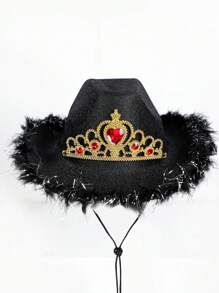 1pc Men's And Women's Shiny Pink Feather & Rhinestone Decor Western Cowboy Hat With Pull Cord, Vintage British Jazz Hat, Theme Party Halloween Carnival Hat, Wide Brim Woolen Hat, Fashionable Couple Hat, Felt Hat, Sun Hat, Autumn And Winter - Pink - View 9