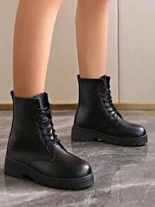 Botas De Moda Redonda Para Mujer, Diseño Casual Con Cordones - Negro - Ver 7