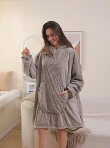 1pc Solid Color Wearable Blanket With Hoodie Top For Homewear - Grey - View 1