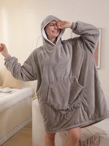 1pc Solid Color Wearable Blanket With Hoodie Top For Homewear - Grey - View 6