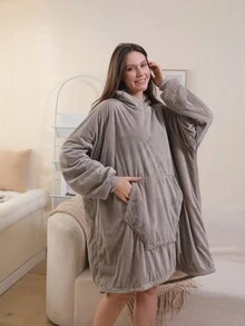 1pc Solid Color Wearable Blanket With Hoodie Top For Homewear - Grey - View 4