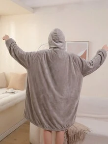 1pc Solid Color Wearable Blanket With Hoodie Top For Homewear - Grey - View 8