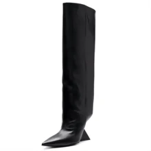 女式時尚尖頭高跟靴、修身過膝靴 - 黑色 - 查看 2