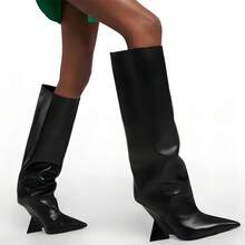 女式時尚尖頭高跟靴、修身過膝靴 - 黑色 - 查看 5