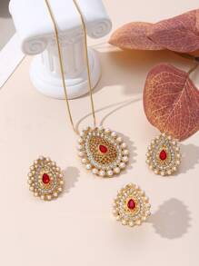 豪華銅合金14k金鍍假珍珠和水鑽水滴造型吊墜項鍊耳環戒指珠寶套裝，女士專屬 - 金黃色 - 查看 1