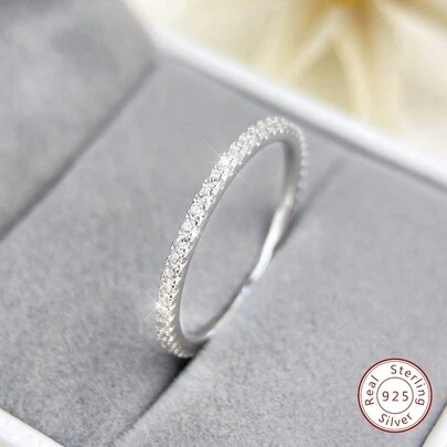 1 chiếc nhẫn nữ kiểu dáng tối giản, sáng bóng, một vòng duy nhất, bằng bạc nguyên chất đính đá Cubic Zirconia, món quà trang sức thanh lịch phù hợp để phụ nữ đeo hàng ngày.
