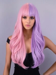 粉紫色多色頭髮歐美款女性長髮捲曲波浪合成假髮,適用於日常或派對使用 - 間色 - 查看 2