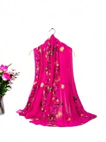 1pc Embroidered Sun Protection Scarf - Hot Pink - View 3