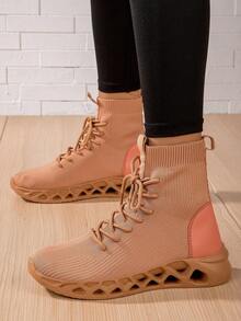 Women's Lightweight & Comfortable Casual Camel Mid-Top Slip-On Sneakers With Laces - Camel - View 3