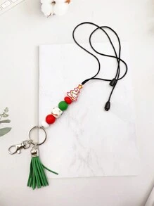 1pc Christmas Themed Silicone Beaded Non-detachable Keychain Lanyard For Office Id, Badge, Necklace, Gift - Red - View 5