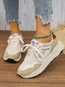 1雙舒適的女式運動風格休閒鞋,前綁帶裝飾,雙色透氣pu材質,低幫款,適合戶外運動和滑板,百搭,適用於中/高中學生,萬聖節和聖誕節 - 米色 - 查看 6