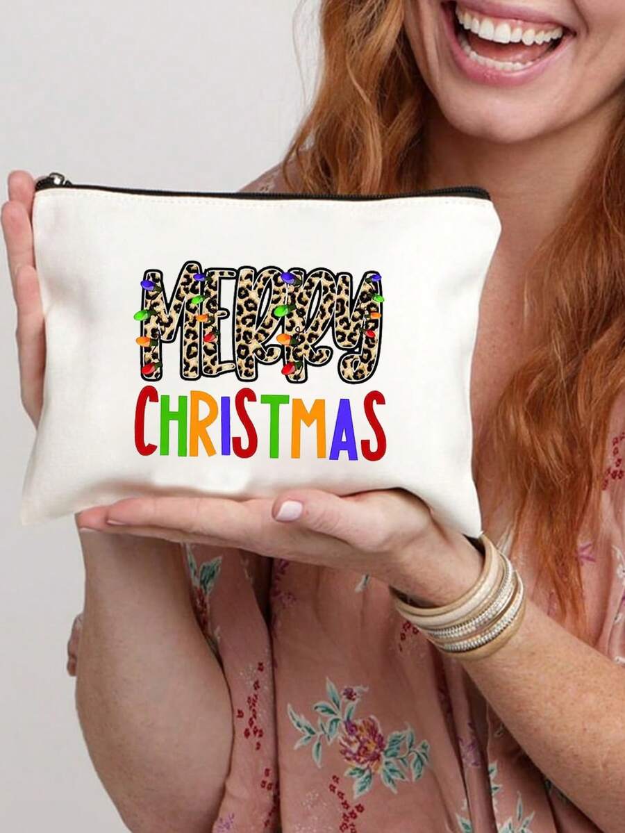 豹紋merry Christmas字母印花,是媽媽、老師、朋友、護士的最佳禮物、化妝袋、女性友人禮品袋、旅行紀念品、生日、情人節、聖誕節、萬聖節、復活節、婦女節派對、伴娘化妝品、母親化妝包 - 米色 - 查看 1