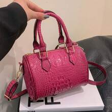 小型鱷魚紋波士頓包,豪華女式斜跨包,經典手提包,肩背包 - 玫紅色 - 查看 1