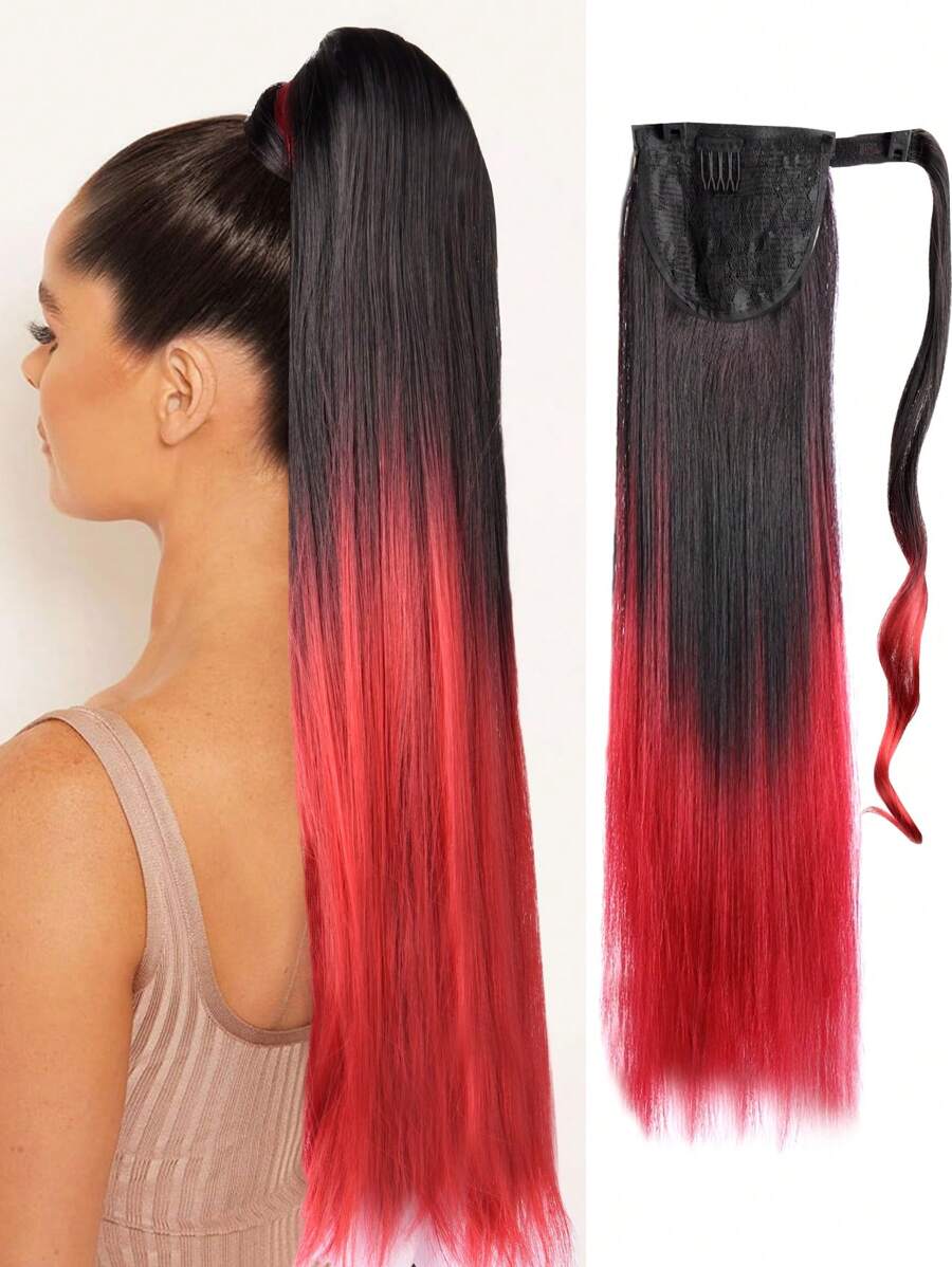 染色裝置長直馬尾辮發片黑紅漸變顏色26英寸合成纖維女性耐高溫天然合成假髮,適合日常穿著 - 漸層 - 查看 1
