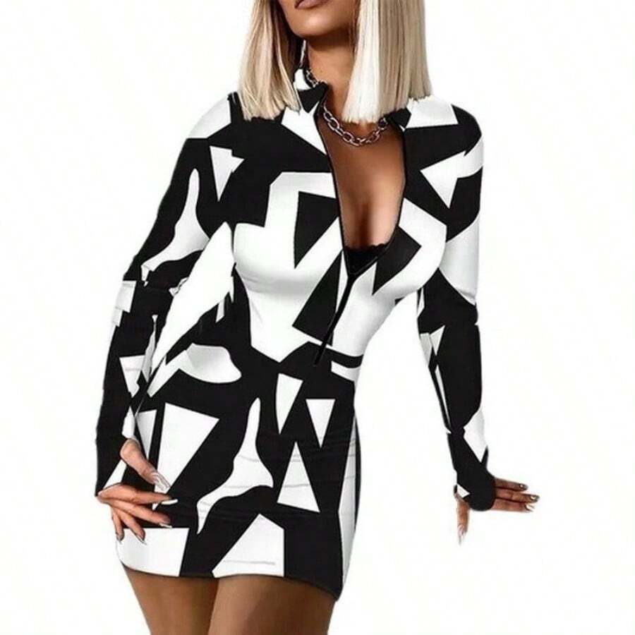 Long Sleeve V-Neck Zipper Bodycon Dress - Black and White - View 1