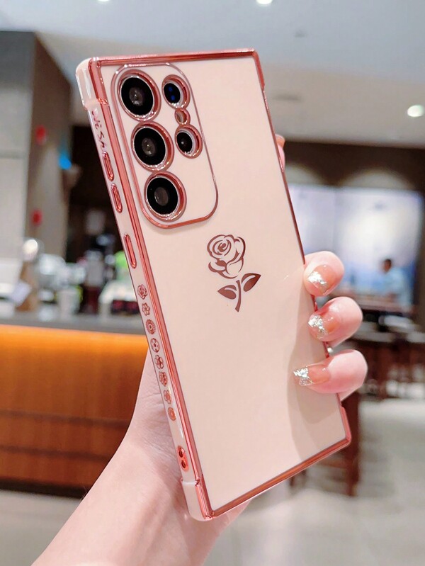 Aesthetic Iphone 16 Pink Rose Flower Electroplating Edge Tpu Anti-Fall Phone Case Compatible With Samsung Iphone Pixel Mobile Phones